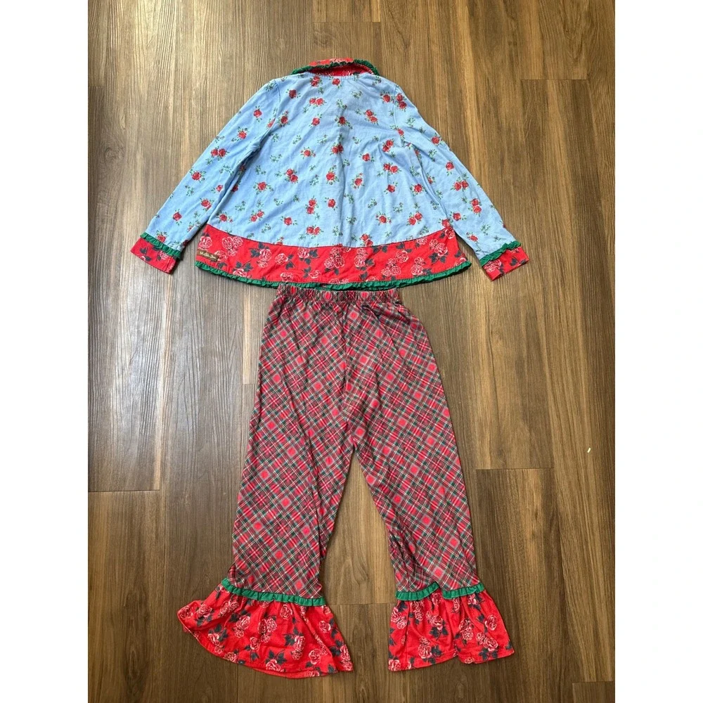 Matilda Jane Pajama Set Girls Size 8 Blue Red Floral Plaid Ruffle Bell Bottoms